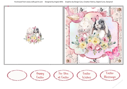 Easter Wishes 9: Floral Bunnies 5 x 5 Cut & Fold Card with Sentiments, Peach/Pink/Yellow