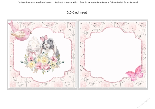 Easter Wishes 9: Floral Bunnies 5 x 5 Card Insert with Peach Floral Background, Blank