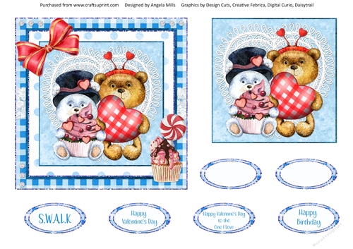 Valentine Bears 11: Cupcake & Heart Bears 6 x 6 Card Front with Topper and Sentiments