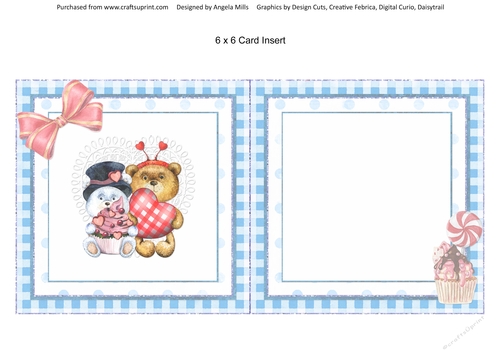 Valentine Bears 11: Cupcake & Heart Bears 6 x 6 Card Insert with Blue/White Gingham Background
