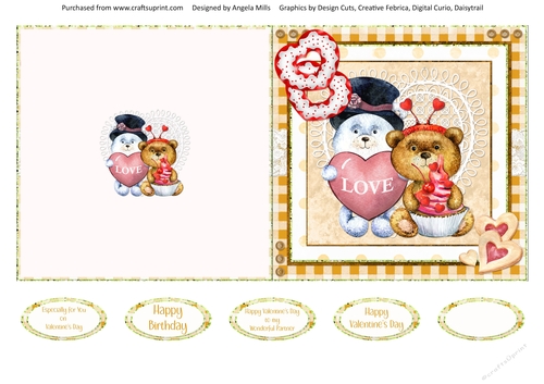 Valentine Bears 15: Loveheart & Cupcake Bears 5 x 5 Cut & Fold Card with Sentiments