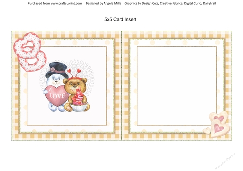 Valentine Bears 15: Loveheart & Cupcake Bears 5 x 5 Card Insert, Yellow/White Gingham Background, Blank