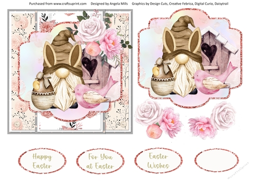 Easter Wishes 14: Easter Gnome/Easter Egg 6 x 6 Card Front with Topper, Decoupage and Sentiments