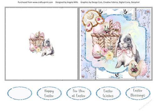 Easter Wishes 6: Easter Bunny/Basket 5 x 5 Cut & Fold Card with Sentiments, Blue/Pink