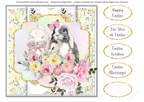 Easter Wishes 10: Floral Bunnies 8 x 8 Card Front with Sentiments, Yellow/Pink
