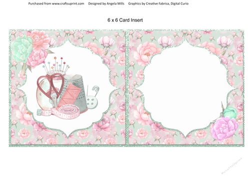 Crafts & Hobbies 5: Sew Fun 6 x 6 Card Insert, Pink & Green Floral, Blank