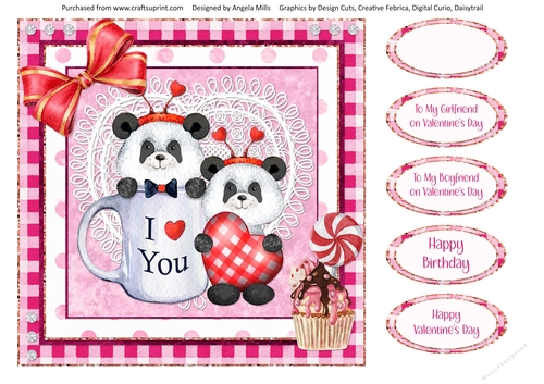 Valentine Bears 7: Pandas 8 x 8 Card Front with Sentiments