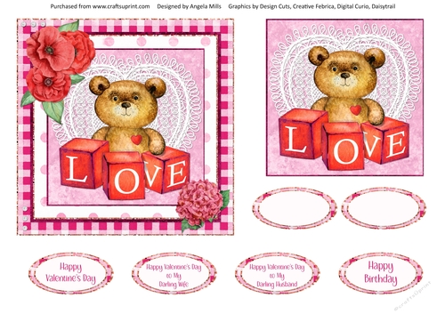 Valentine Bears 8: Love Bear 6 x 6 Card Front with Topper and Sentiments, Pink/Red