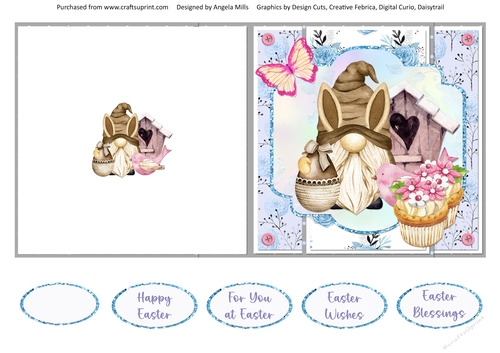 Easter Wishes 15: Gnome/Cupcakes 5 x 5 Quick Cut & Fold Card with Sentiments