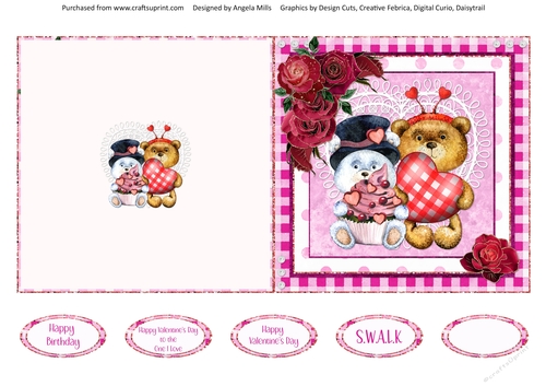 Valentine Bears 12: Hearts & Cupcakes  5 x 5 Cut & Fold Card with Sentiments