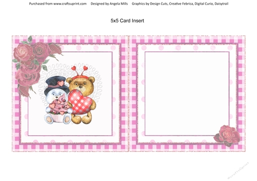 Valentine Bears 12: Hearts & Cupcakes  5 x 5 Card Insert with Pink Gingham Background