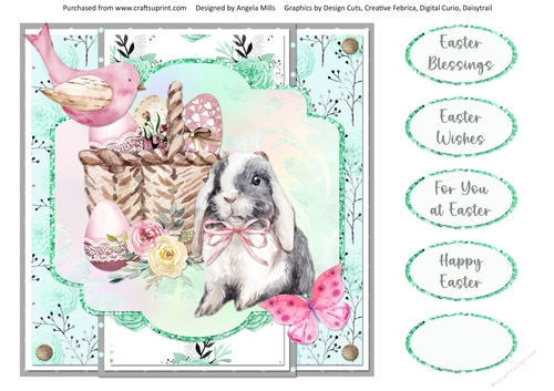 Easter Wishes 7: Bunny & Egg Basket 8 x 8 Quick Card Front with Sentiments, Mint Green/Pink