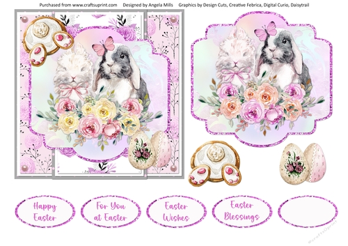 Easter Wishes 8: Floral Easter Bunnies 6 x 6 Card Front with Topper , Decoupage and Sentiments