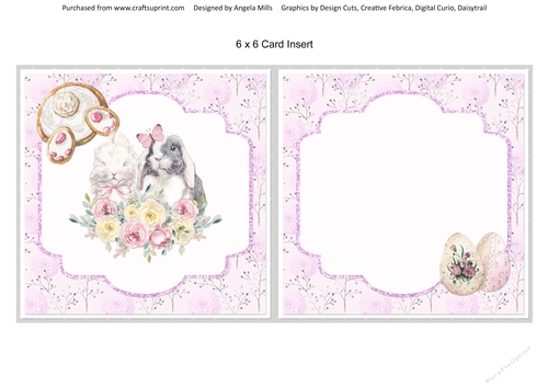 Easter Wishes 8: Floral Easter Bunnies 6 x 6 Card Insert with Lilac Floral Background, Blank