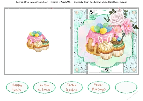 Easter Wishes 11: Easter Egg Cake & Cupcakes 5 x 5 Quick Cut & Fold Card with Sentiments