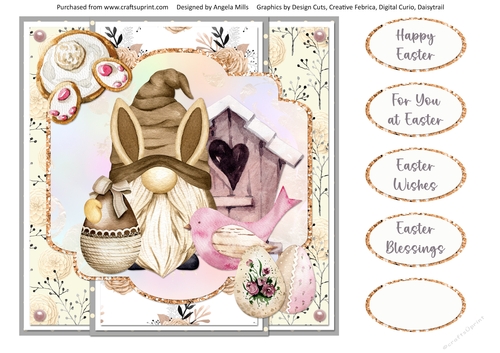 Easter Wishes 16: Easter Egg Gnome 8 x 8 Quick Card Front with Sentiments, Vanilla/Pink
