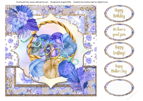 Crafts & Hobbies 10: Knitting Basket 8 x 8 Quick Card Front with Sentiments, Lilac/Grey Floral