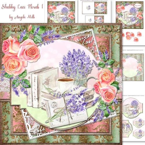 Shabby Lace Florals 1: Lavender & Roses 7 x 7 Decoupage Card Mini Kit, 5 Sheets