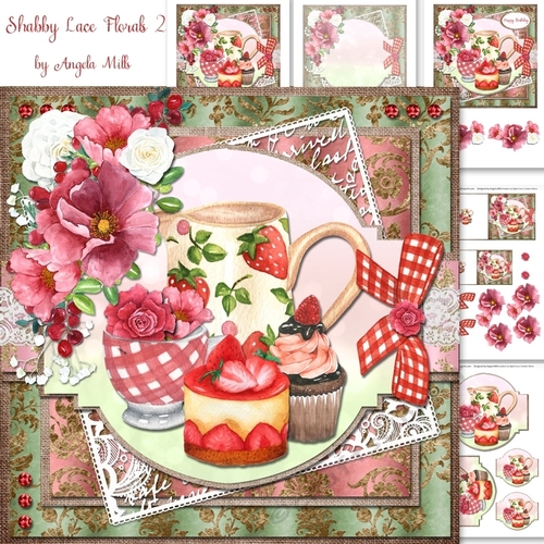 Shabby Lace Florals 2: Strawberry Tea 7 x 7 Decoupage Card Mini Kit, 5 Sheets