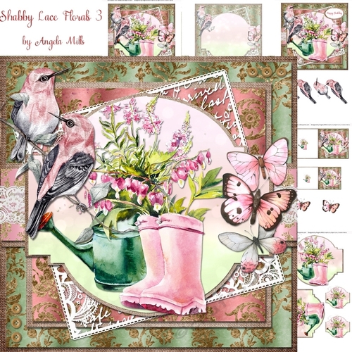 Shabby Lace Florals 3: Summer Garden 7 x 7 Decoupage Card Mini Kit, 5 Sheets