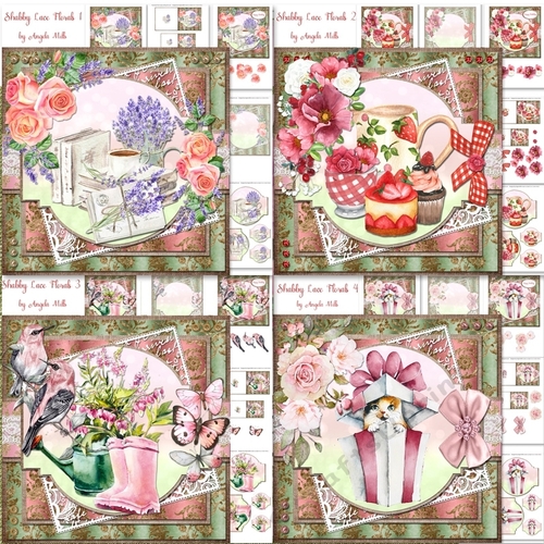 Shabby Lace Florals 1 - 4 Bumper Kit, 4 7x7 Decoupage Cards, 20 Sheets