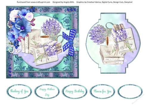 Shabby Lace Florals 5: Lavender Tea 6 x 6 Card Front with Topper and Sentiments