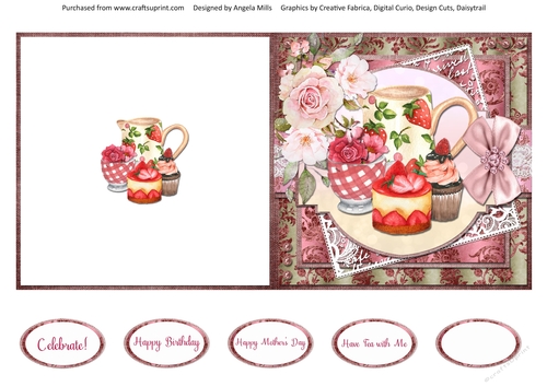 Shabby Lace Florals 9: Strawberry Cupcake Tea 5 x 5 Quick Cut & Fold Card with Sentiments