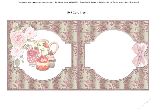 Shabby Lace Florals 9: Strawberry Cupcake Tea 5 x 5 Card Insert with Green/Rose Floral Background, Blank
