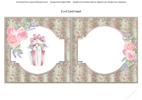 Shabby Lace Florals 14: Calico Cat Gift Box 6 x 6 Card Insert with Rose/Green Floral Background
