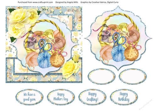 Crafts & Hobbies 8: Knitting Basket 6 x 6 Card Front with Topper and Sentiments, Blue/Yellow