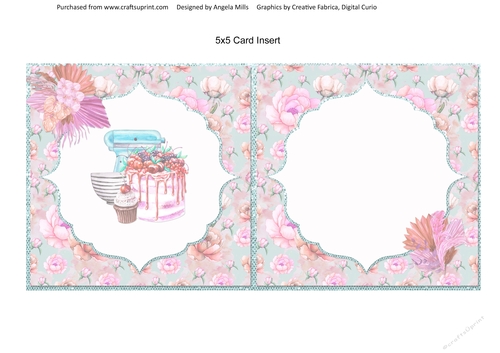Crafts & Hobbies 12: Home Bakery 5 x 5 Card Insert with Pink/Aqua Floral Background, Blank