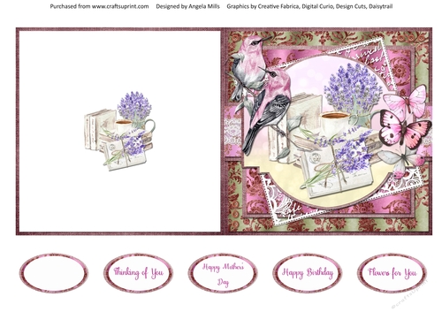 Shabby Lace Florals 6: Lavender & Butterflies 5 x 5 Quick Cut & Fold Card with Sentiments