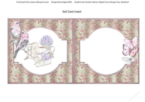 Shabby Lace Florals 6: Lavender & Butterflies 5 x 5 Card Insert with Rose/Green Floral Background, Blank