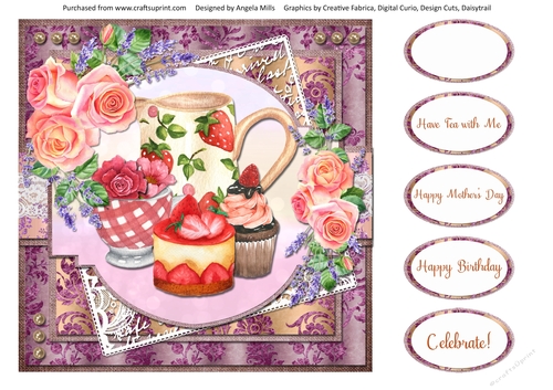 Shabby Lace Florals 10: Strawberry Tea 8 x 8 Quick Card Front with Sentiments