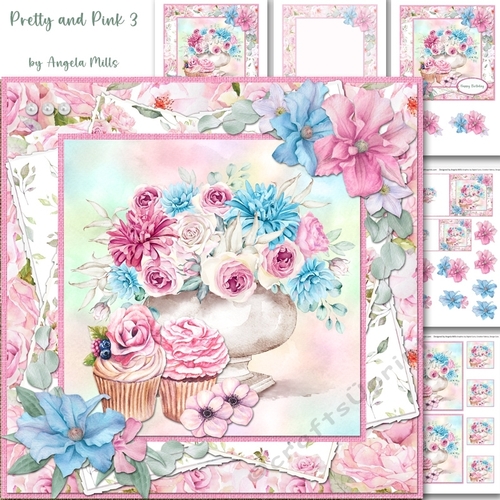 Pretty Pink 3: Roses, Clematis & Cupcakes 7 x 7 Card Mini Kit with Age Captions 30-90, 6 Sheets