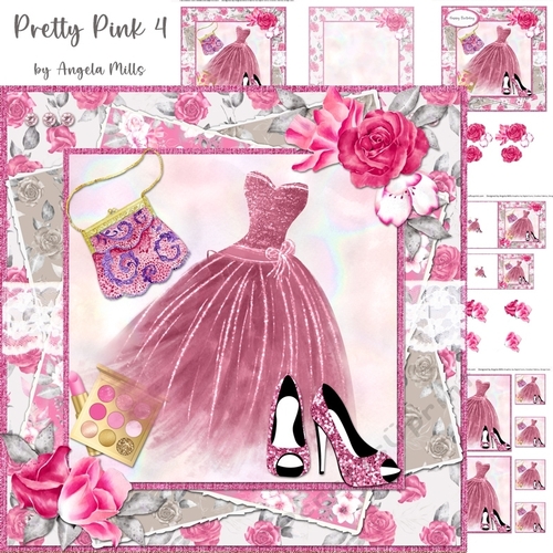 Pretty Pink 4: Pink Party Dress & Shoes 7 x 7 Card Mini Kit with Age Captions 16-40, 6 Sheets