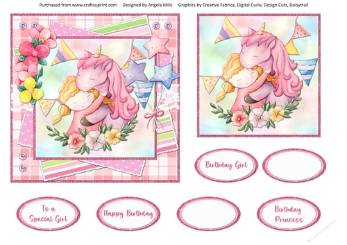 Pretty Pink 5: Unicorn Girl 6 x 6 Card Front with Topper and Sentiments