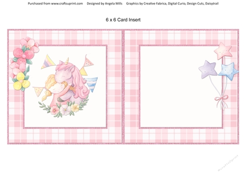 Pretty Pink 5: Unicorn Girl 6 x 6 Card Insert with Pink Check Backgriound, Blank