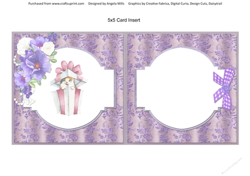 Shabby Lace Florals 15: Calico Cat/Gift Box 5 x 5 Card Insert with Violet Floral Background, Blank