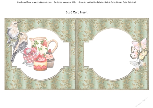 Shabby Lace Florals 8 Strawberry Tea 6 x 6 Card Insert with Green & Gold Floral Background