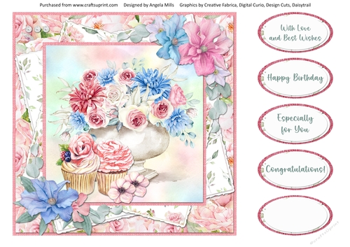 Pretty Pink 13: Rose Bowl, Cupcakes & Clematis 8 x 8 Quick Card Front with Sentiments