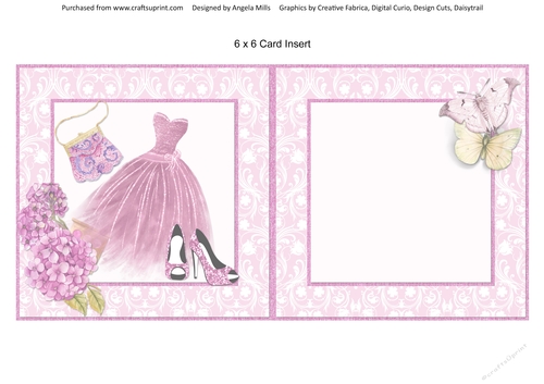 Pretty Pink 14: Party Dress & Shoes 6 x 6 Card Insert with Pink Floral Background, Blank