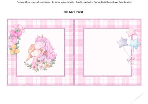Pretty Pink 6: Unicorn Girl 5 x 5 Card Insert with Pink Plaid Background