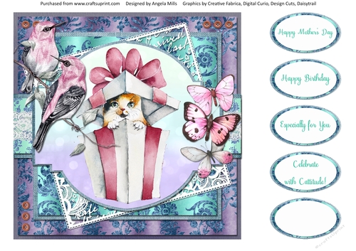 Shabby Lace Floral 16: Calico Cat/Gift Box 8 x 8 Quick Card Front with Sentiments