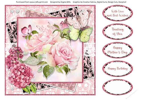 Pretty Pink 10: Roses and Hydrangeas 8 x 8 Card Front with Sentiments