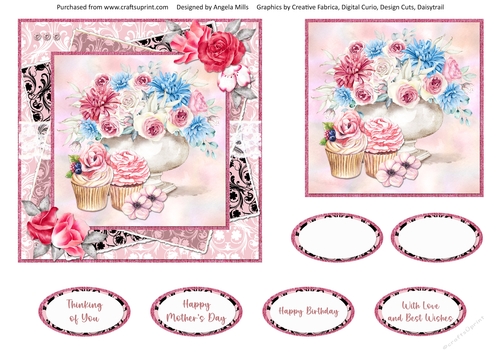 Pretty Pink 11: Rose Bowl & Cupcakes 6 x 6 Card Front with Sentiments
