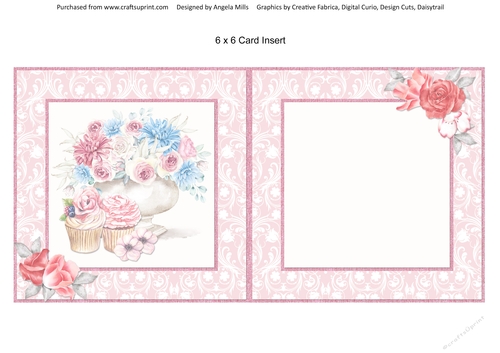 Pretty Pink 11: Rose Bowl & Cupcakes 6 x 6 Card Insert with Pink/White Brocade Background, Blank
