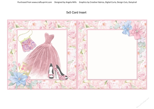 Pretty Pink 15: Party Dress & Shoes 5 x 5 Card Insert with Pink Floral Background