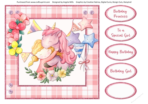 Pretty Pink 7: Unicorn Girl 8 x 8 Quick Card Front with Sentiments