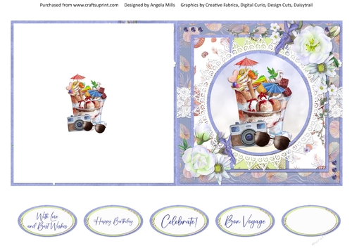Summer Dreams 9: Ice Cream Sundaes/Camera/Sunglasses  5 x 5 Quick Cut & Fold Card with Sentiments